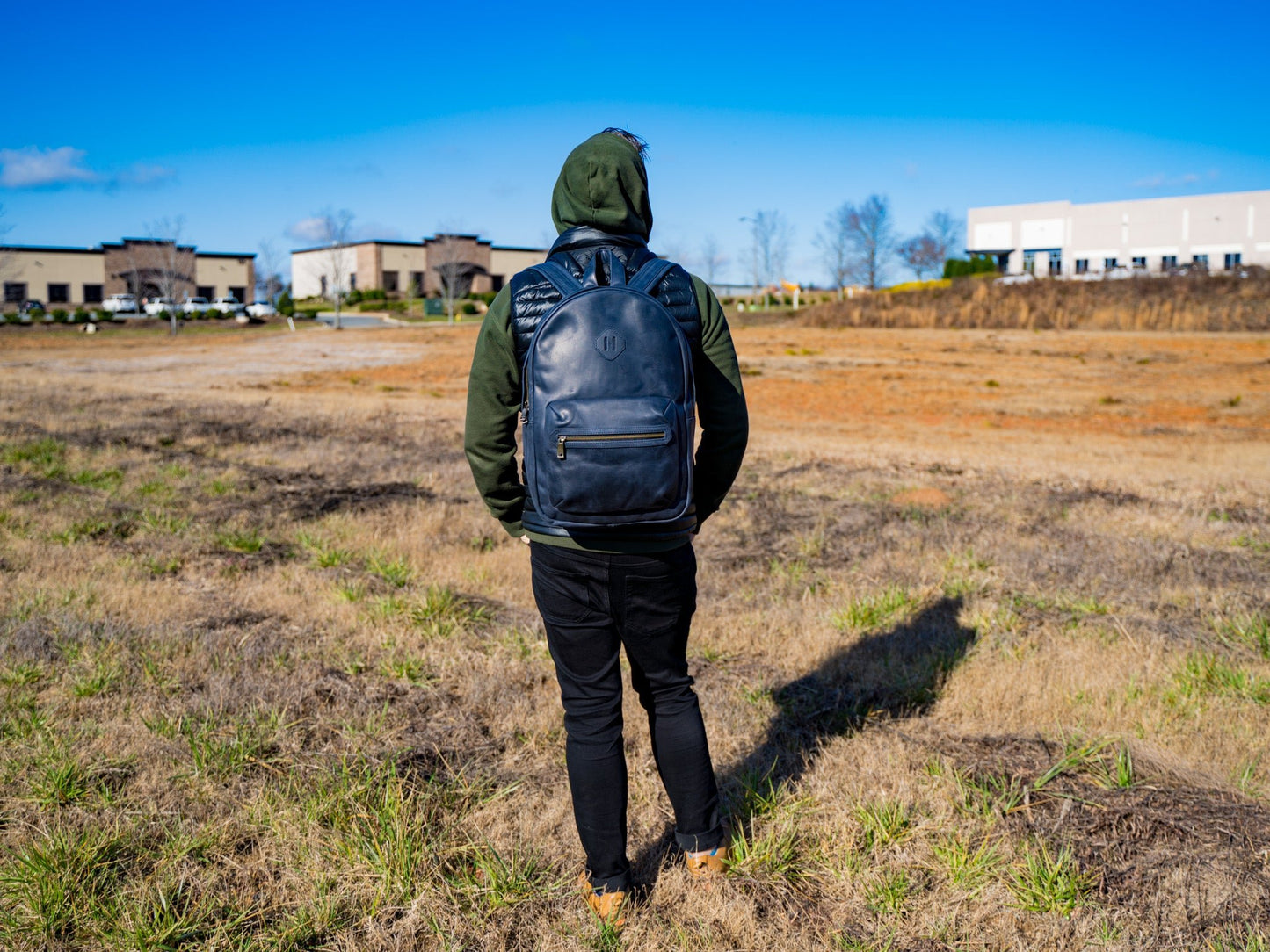 blue leather backpack made from leather scraps Men's Crazy Horse Leather Backpack City - Navy
