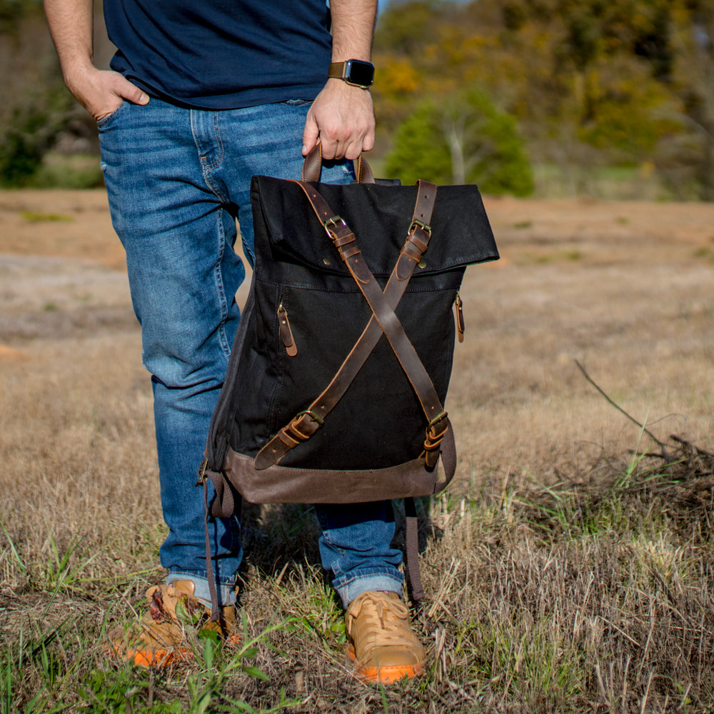 canvas backpack black leather Canvas and Leather Cross Straps Backpack