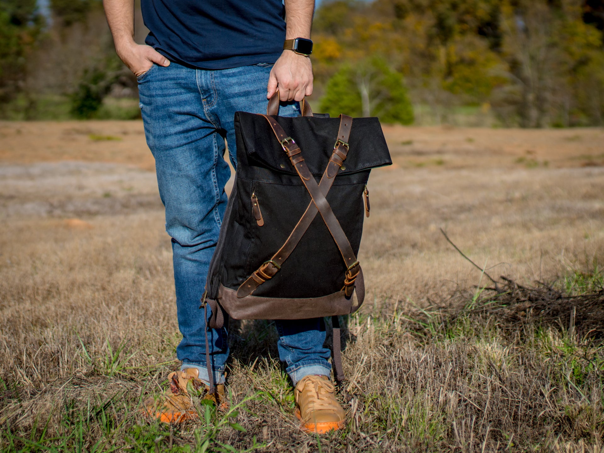 Canvas and Leather Cross Straps Backpack