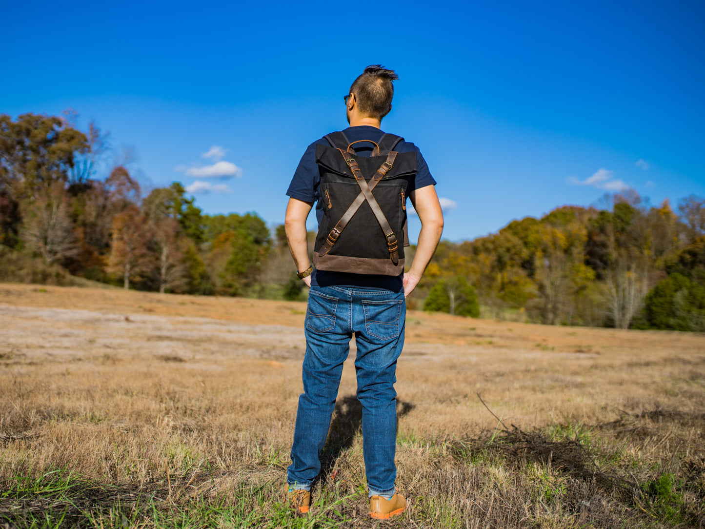 Canvas and Leather Cross Straps Backpack - Black backpack - olpr.