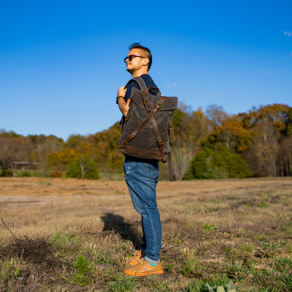 
                      
                        Canvas and Leather Cross Straps Backpack - Charcoal backpack - olpr.
                      
                    