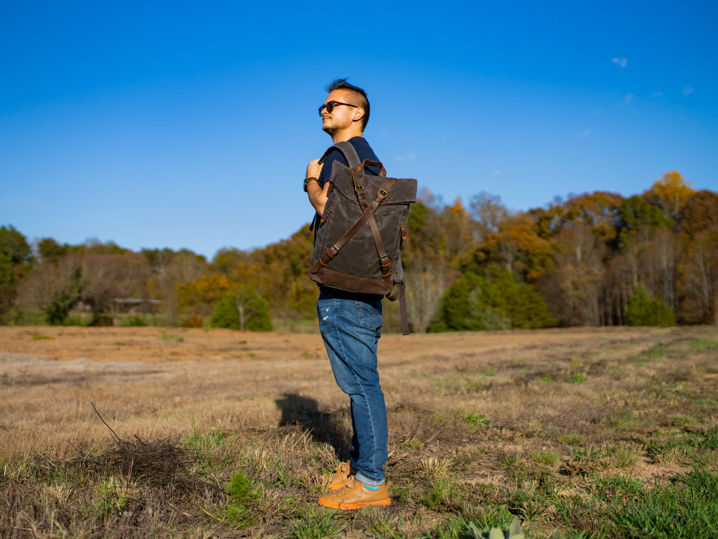 Canvas and Leather Cross Straps Backpack - Charcoal backpack - olpr.