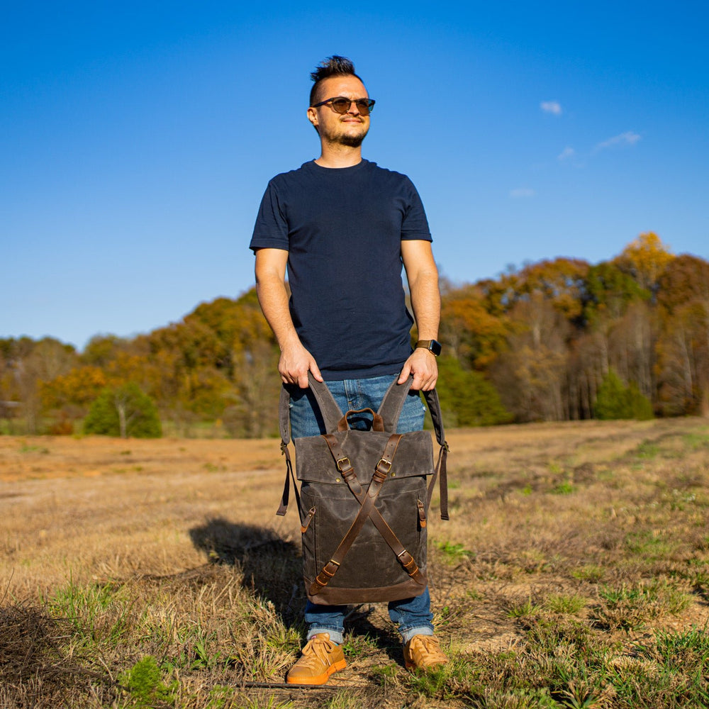 
                      
                        Canvas and Leather Cross Straps Backpack - Charcoal backpack - olpr.
                      
                    