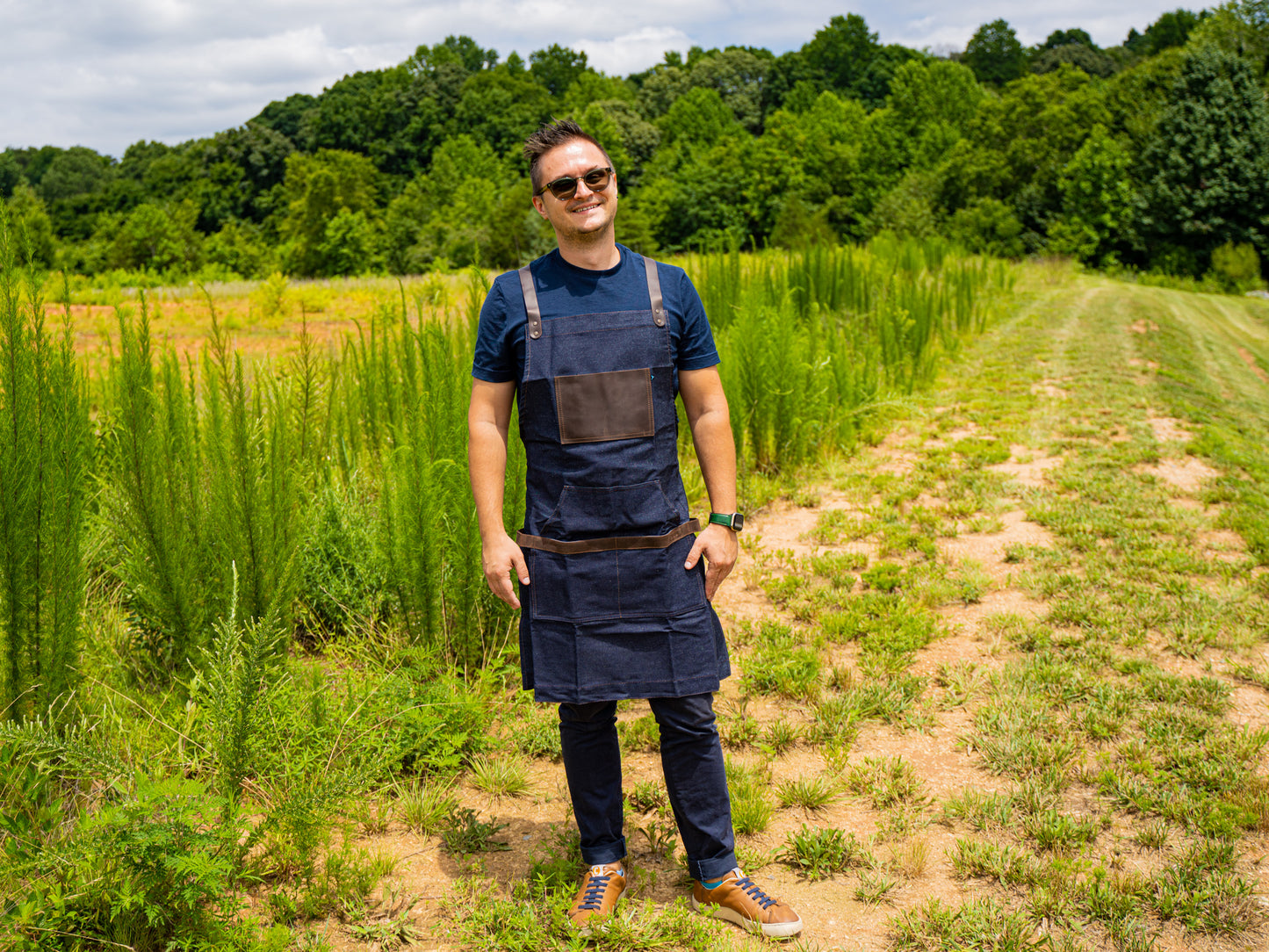 Custom Cross-Back Apron of Canvas - Dark Denim Apron - olpr.