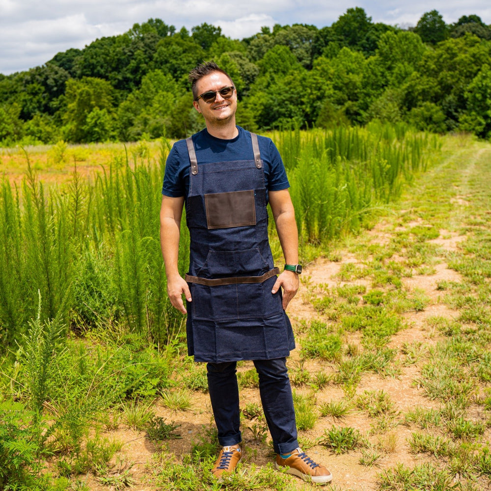 Dark Denim Canvas and Leather Apron for Barista Aprons - olpr.