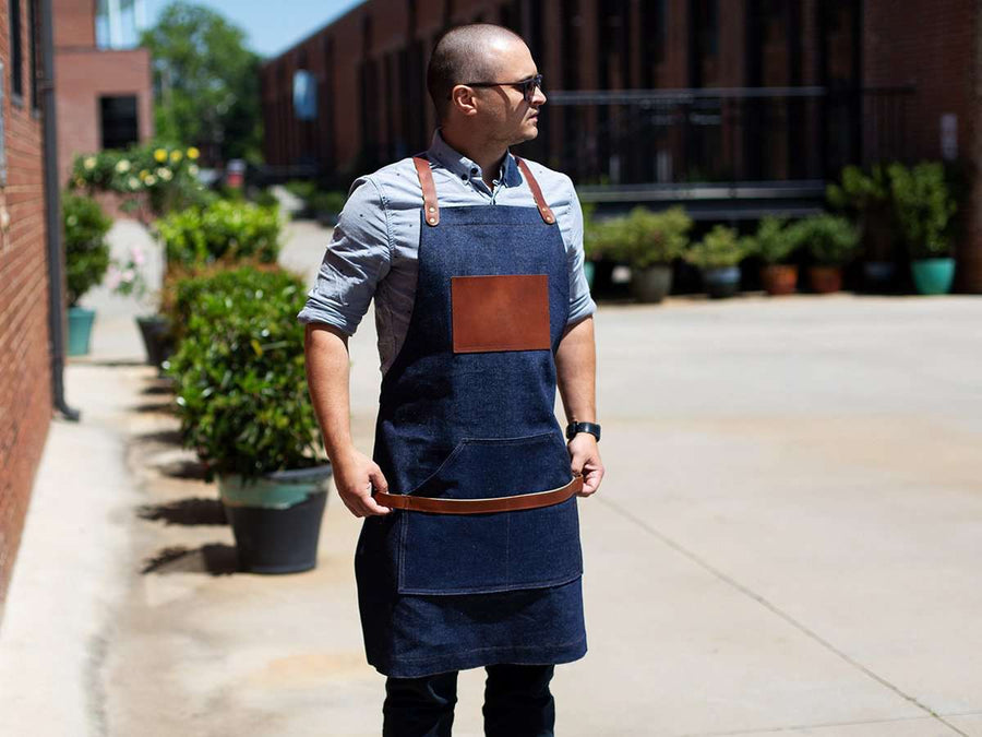 Blue Jean Apron with Crossback Leather Straps  zooniform