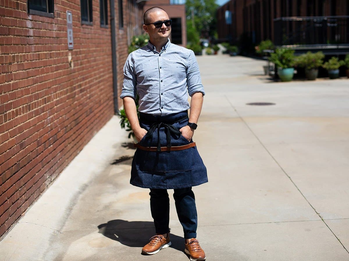 Denim Half Apron with Leather Apron - olpr.