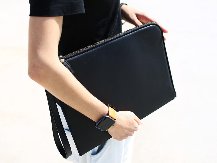 Leather Zipper Padfolio with Wrist Strap - Black Document Holder - olpr.