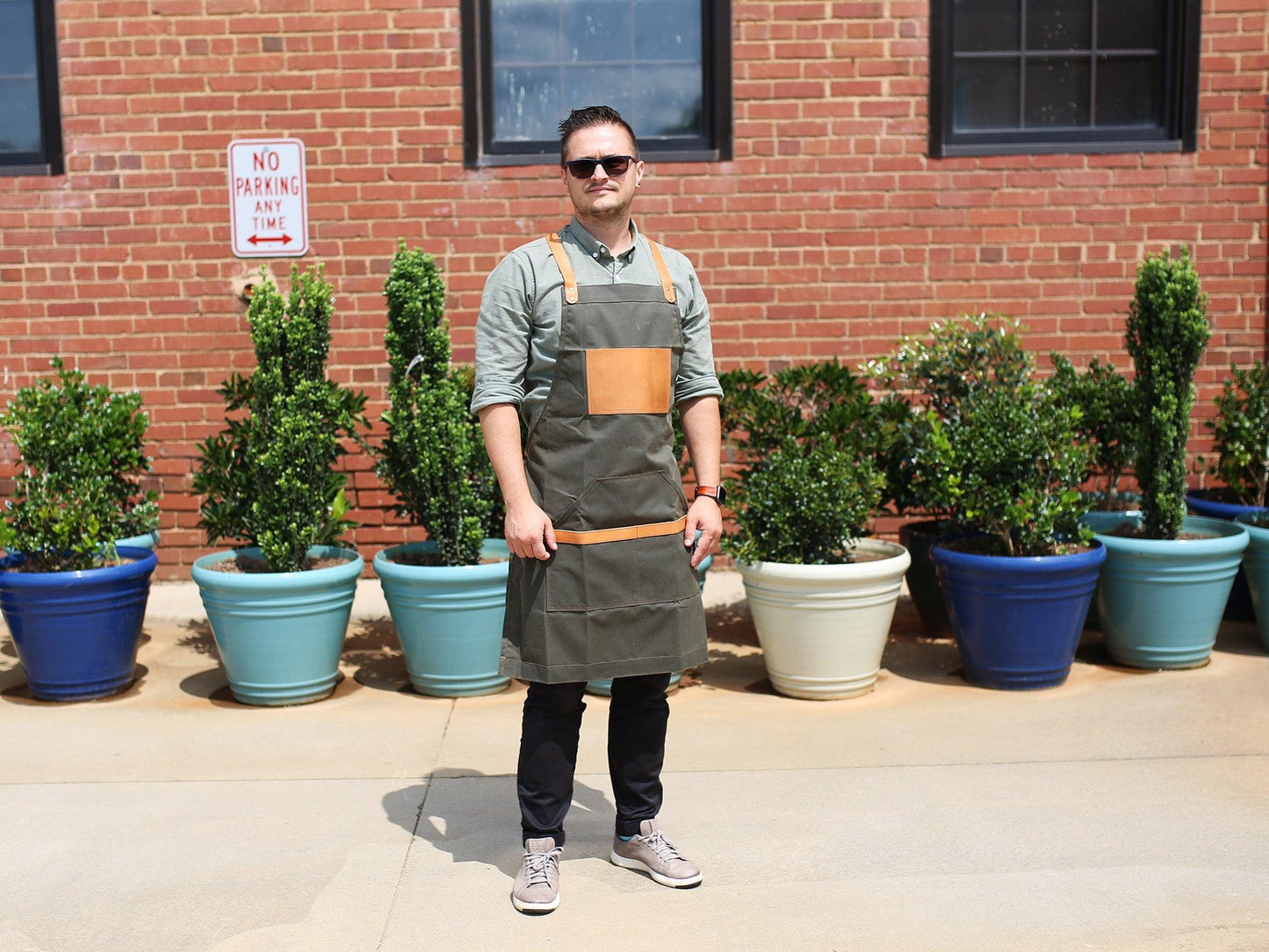 Waxed Canvas and Leather Apron - Green Apron - olpr.