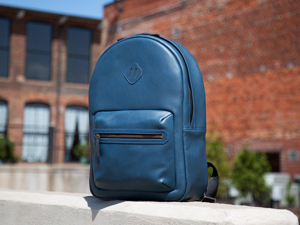 blue backpack with leather bottom Personalized Italian Leather Backpack City - Blue