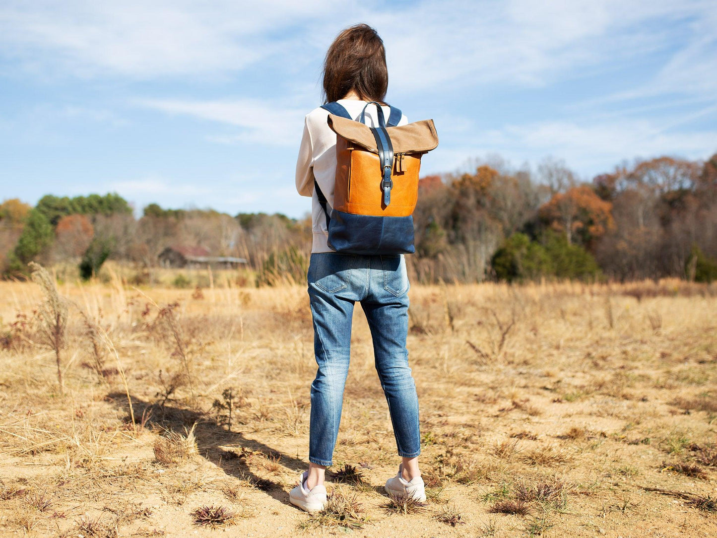 Zipper Rolltop Backpack Natural/Navy for Woman Backpacks - olpr.