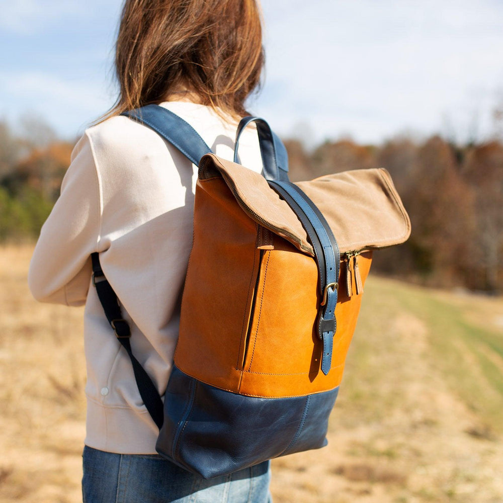 canvas leather backpack zipper Zipper Rolltop Backpack Natural/Navy for Woman