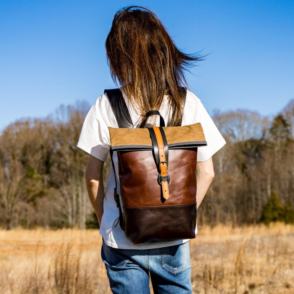 backpacks leather upper Handmade Leather Small Rolltop Backpack - Brown