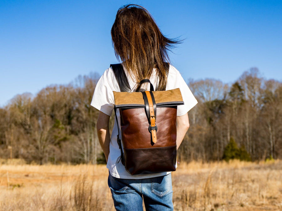 Leather Small Rolltop Backpack - Brown Backpacks - olpr.