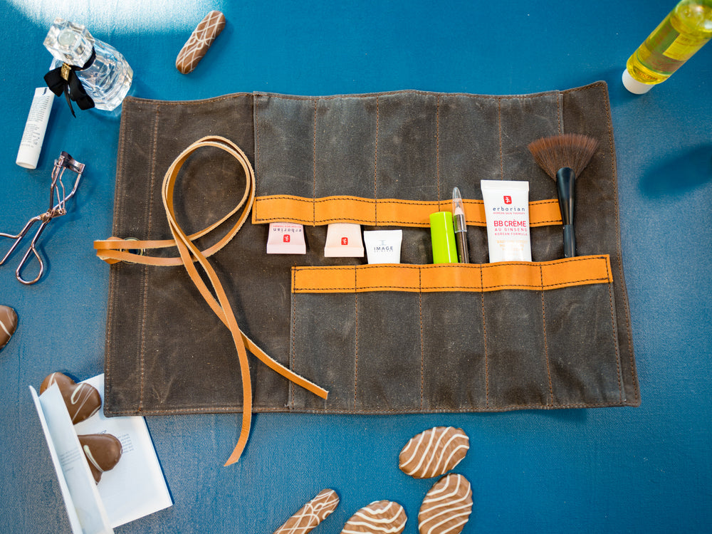 Waxed Canvas and Leather Makeup Organizer - Chocolate Makeup Roll - olpr.