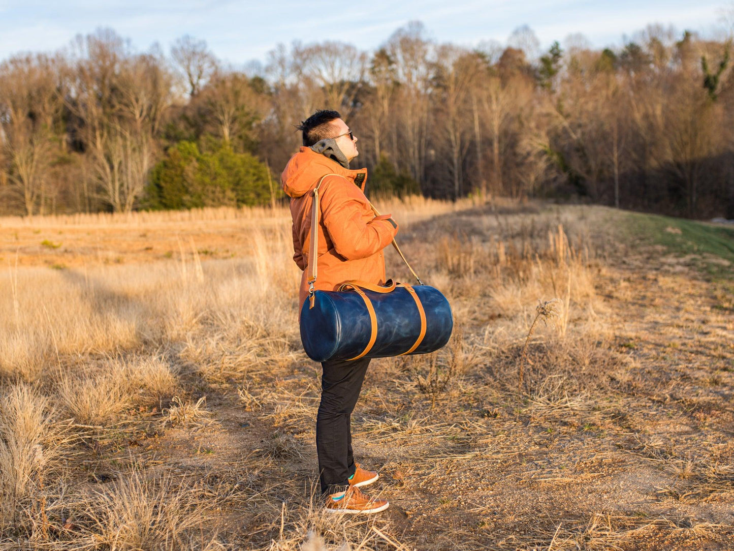 Milwaukee Navy Leather Travel Bag Weekend Bag - olpr.