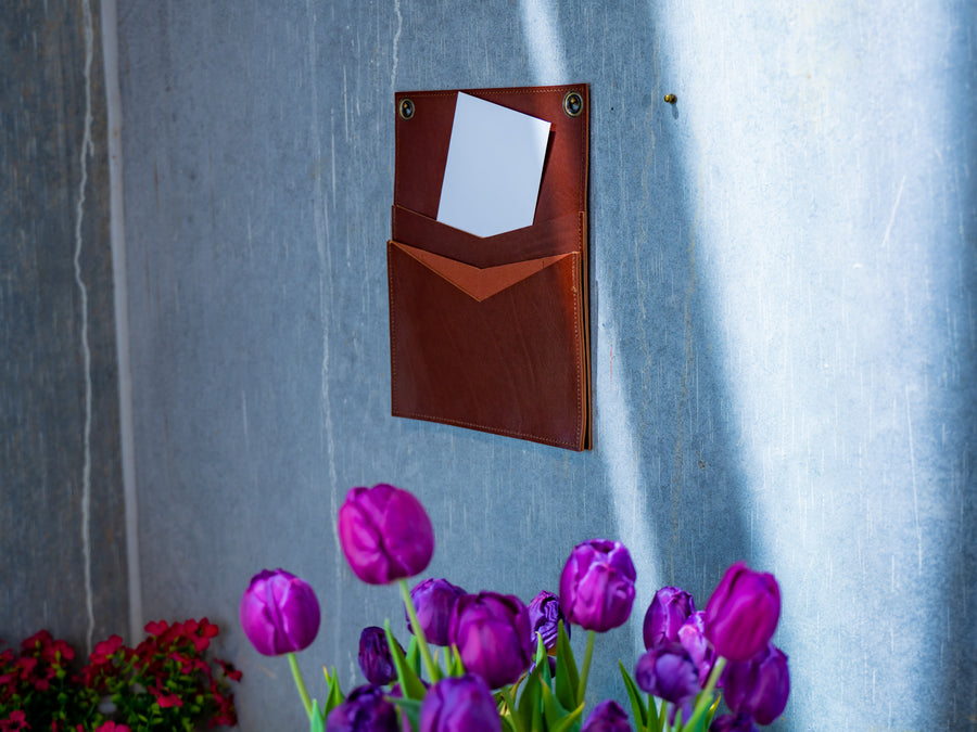 Leather Vertical Mail Box with 2 Pockets - Chestnut