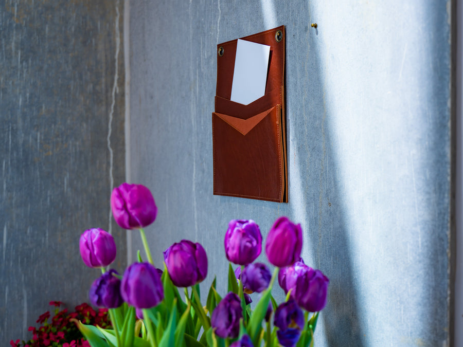 Leather Vertical Mail Box with 2 Pockets - Chestnut