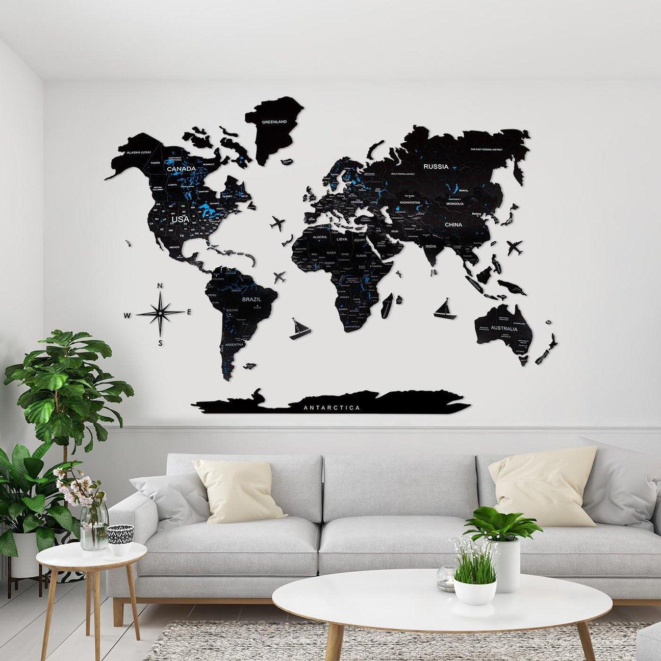 Black 2D Wooden World Map