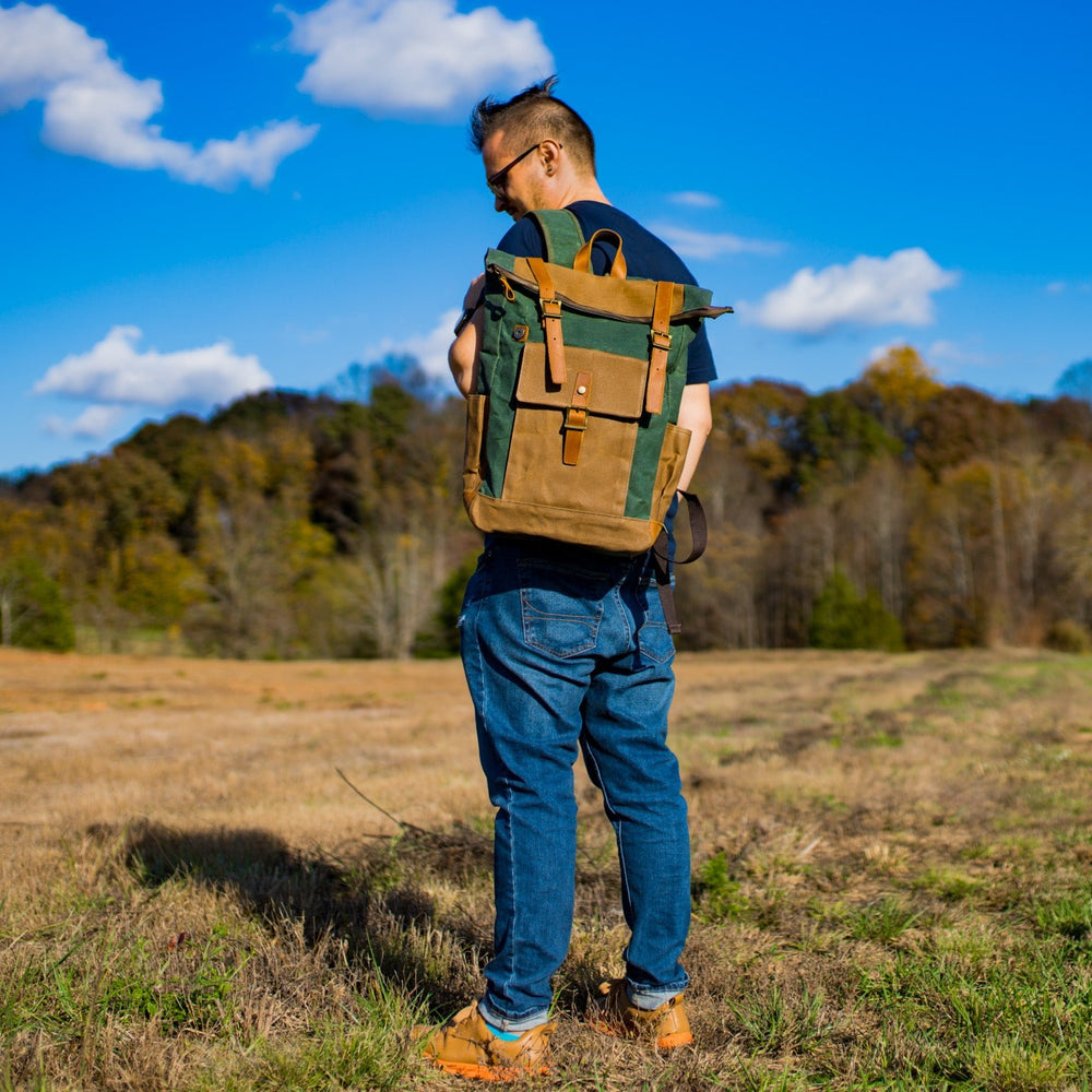 
                      
                        Canvas and Leather Zipper Roll Top Backpack - Green backpack - olpr.
                      
                    