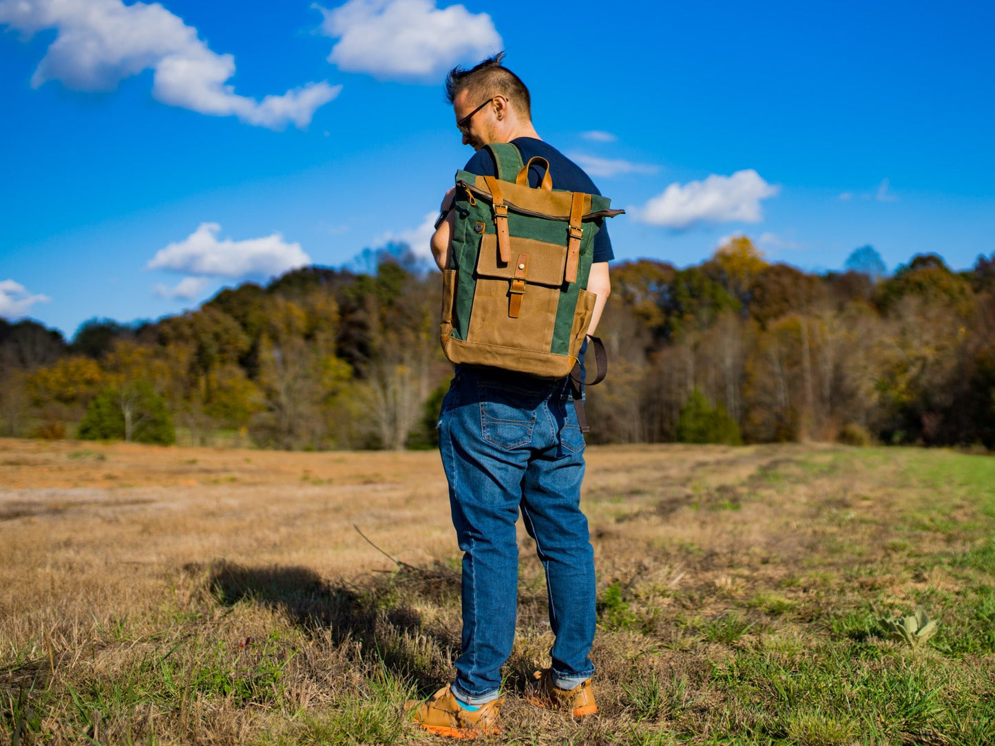Canvas and Leather Zipper Roll Top Backpack