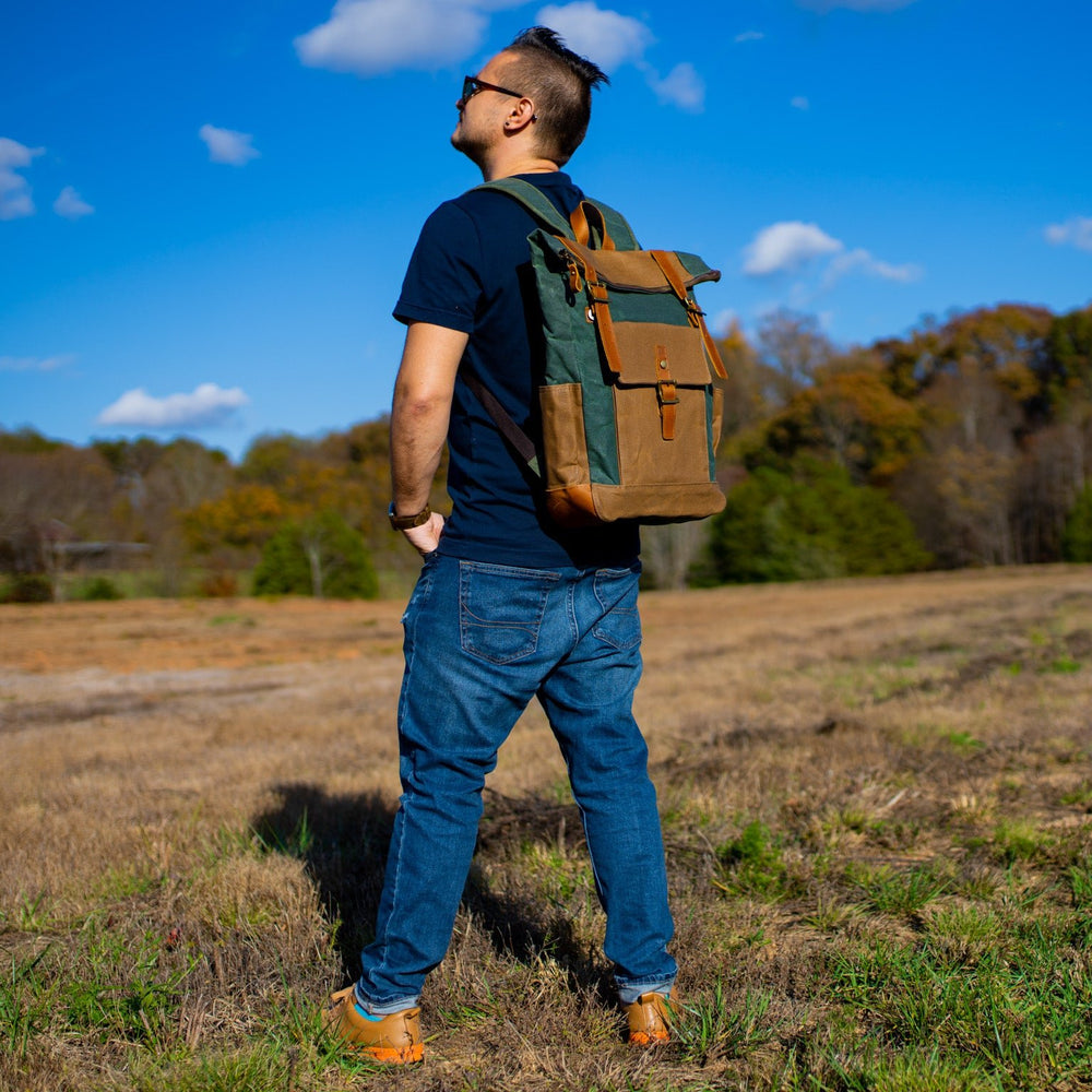 
                      
                        Canvas and Leather Zipper Roll Top Backpack - Green backpack - olpr.
                      
                    