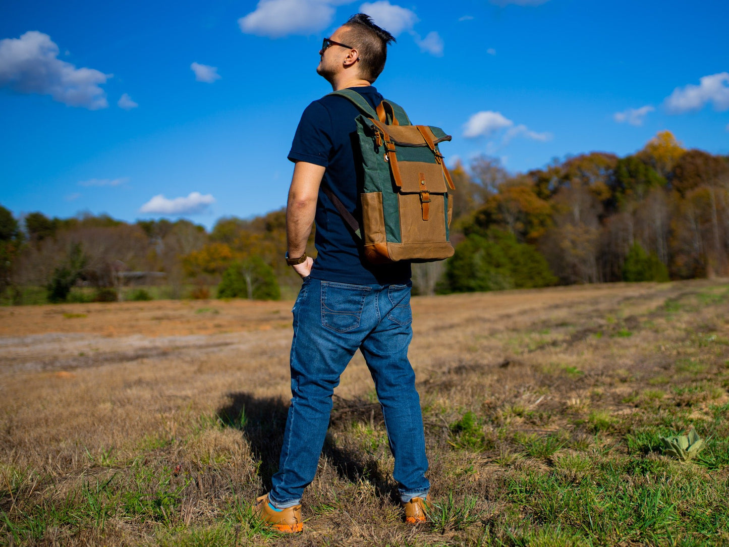 Canvas and Leather Zipper Roll Top Backpack