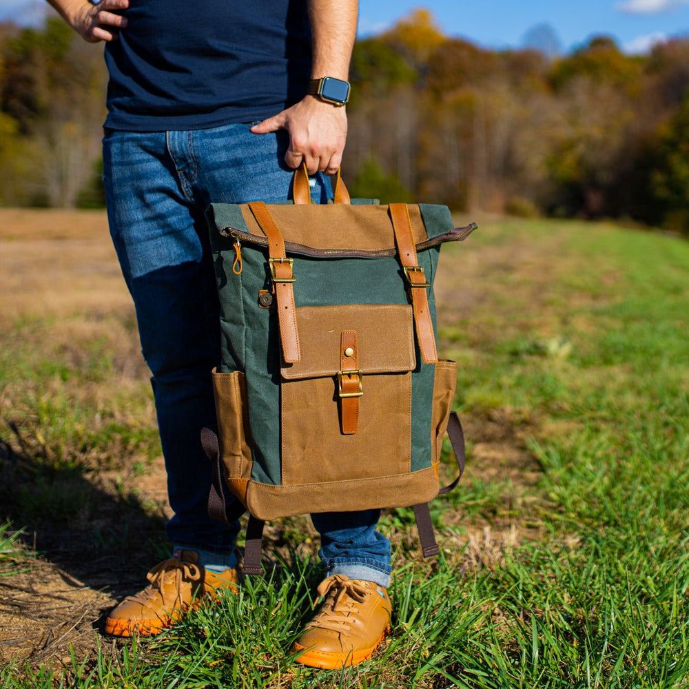 
                      
                        Canvas and Leather Zipper Roll Top Backpack - Green backpack - olpr.
                      
                    