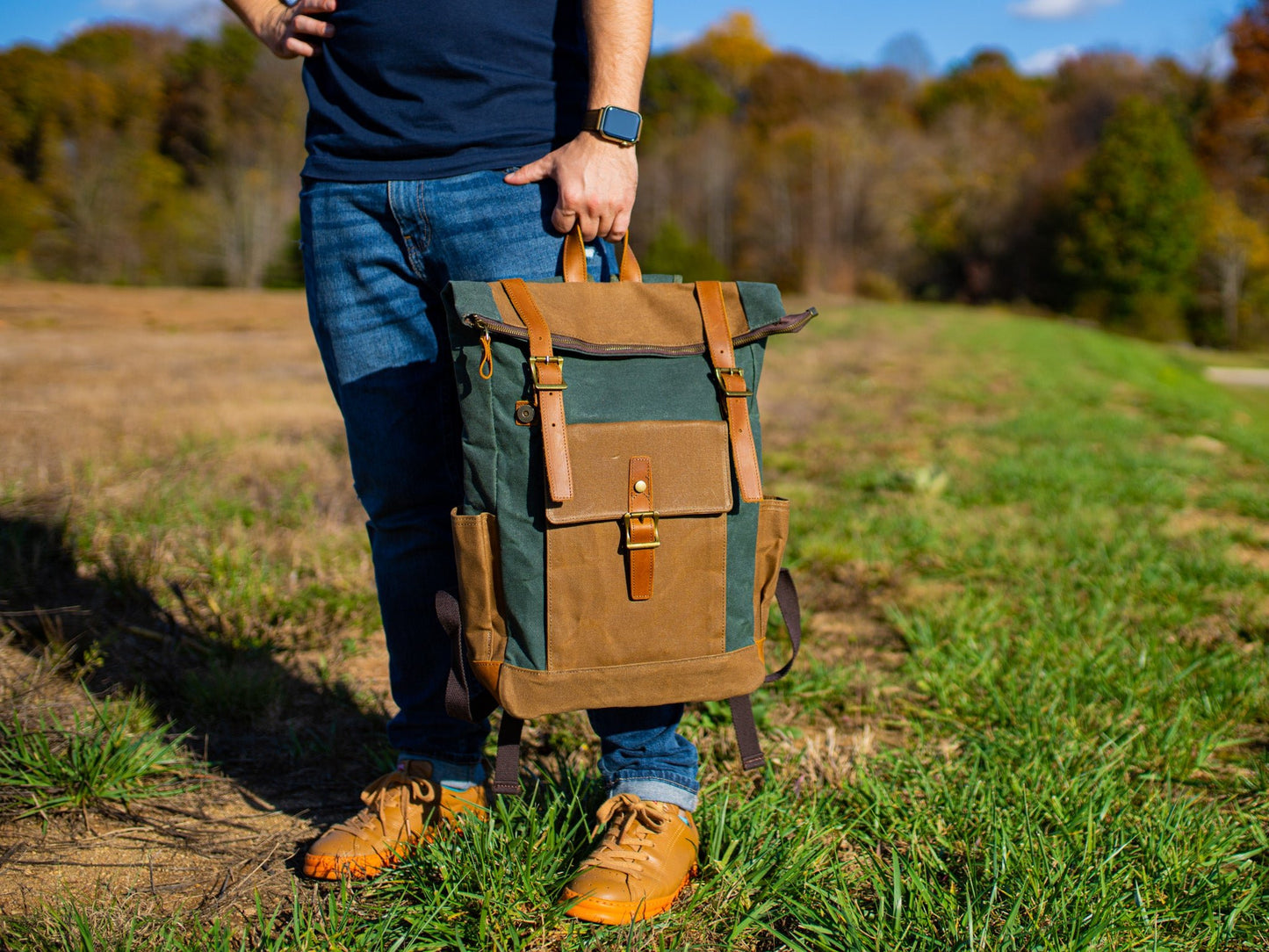 Canvas and Leather Zipper Roll Top Backpack