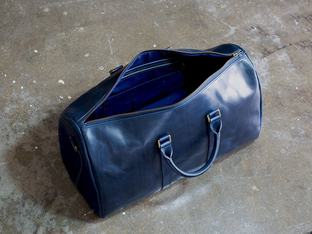 
                      
                        Horween Leather Duffle Bag - Blue Weekend Bag - olpr.
                      
                    