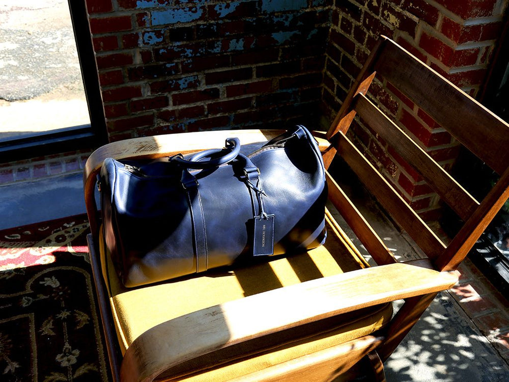 
                      
                        Horween Leather Duffle Bag - Blue Weekend Bag - olpr.
                      
                    