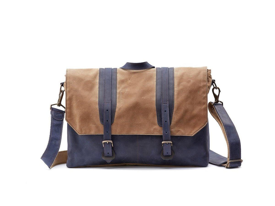 Canvas and Leather Messenger Bag - Navy Briefcase - olpr.